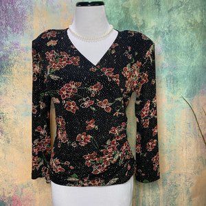📌MSK Beautiful Floral Sparkling V-Neckline Top with Long Sleeves